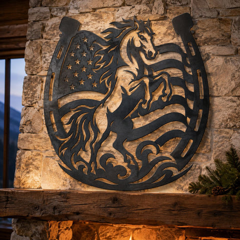 Patriotic Horse Horseshoe Laser SVG | American Flag Horse Svg | Western Horse DXF | Cowboy Metal Art | Plasma Cut CNC File SVG HappyDesignStudio 