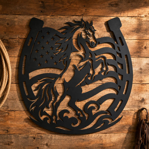 Patriotic Horse Horseshoe Laser SVG | American Flag Horse Svg | Western Horse DXF | Cowboy Metal Art | Plasma Cut CNC File SVG HappyDesignStudio 
