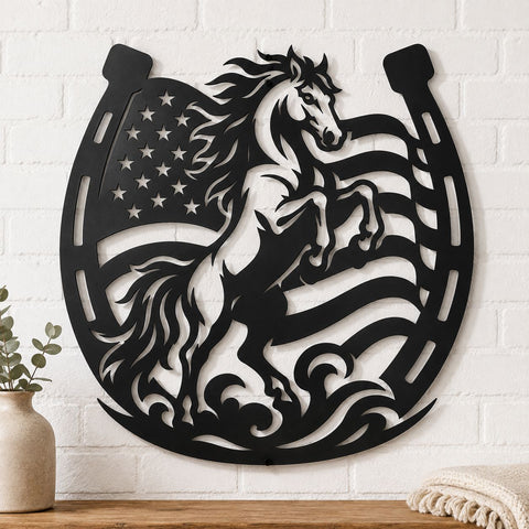 Patriotic Horse Horseshoe Laser SVG | American Flag Horse Svg | Western Horse DXF | Cowboy Metal Art | Plasma Cut CNC File SVG HappyDesignStudio 