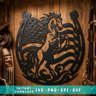 Patriotic Horse Horseshoe Laser SVG | American Flag Horse Svg | Western Horse DXF | Cowboy Metal Art | Plasma Cut CNC File SVG HappyDesignStudio 