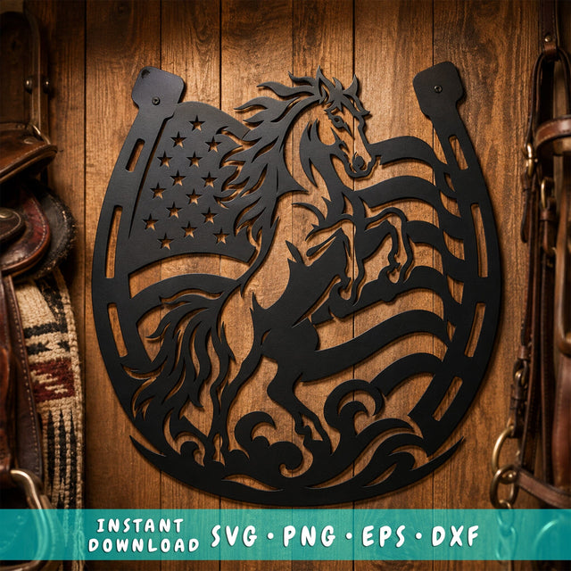 Patriotic Horse Horseshoe Laser SVG | American Flag Horse Svg | Western Horse DXF | Cowboy Metal Art | Plasma Cut CNC File SVG HappyDesignStudio 