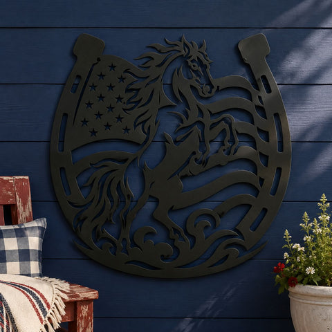 Patriotic Horse Horseshoe Laser SVG | American Flag Horse Svg | Western Horse DXF | Cowboy Metal Art | Plasma Cut CNC File SVG HappyDesignStudio 
