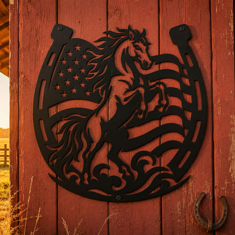 Patriotic Horse Horseshoe Laser SVG | American Flag Horse Svg | Western Horse DXF | Cowboy Metal Art | Plasma Cut CNC File SVG HappyDesignStudio 