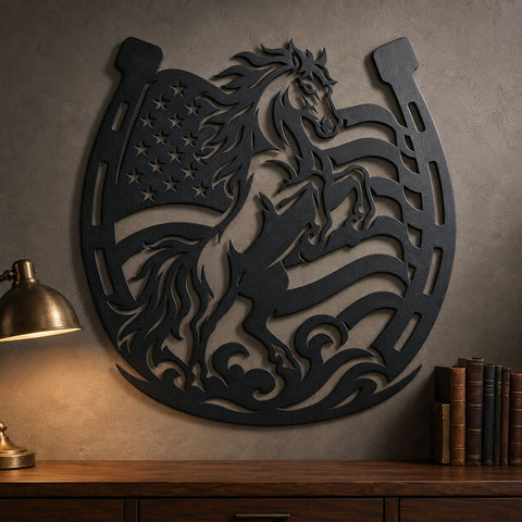 Patriotic Horse Horseshoe Laser SVG | American Flag Horse Svg | Western Horse DXF | Cowboy Metal Art | Plasma Cut CNC File SVG HappyDesignStudio 