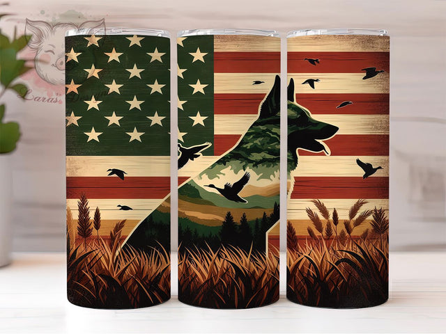 Patriotic Hunting Dog Tumbler, Camouflage Design, Patriotic Theme, American Flag Style, Outdoor Sports, Rustic Country, Tumbler Wrap, Sublimation Design, 20oz Tumbler, USA Pride Sublimation Lara' s Designs 