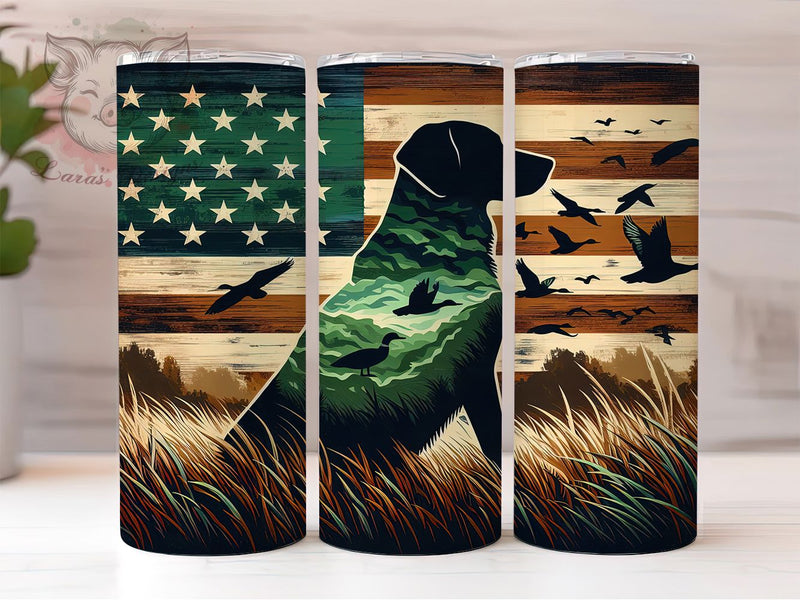 Patriotic Hunting Dog Tumbler, Camouflage Design, Patriotic Theme, American Flag Style, Outdoor Sports, Rustic Country, Tumbler Wrap, Sublimation Design, 20oz Tumbler, USA Pride Sublimation Lara' s Designs 