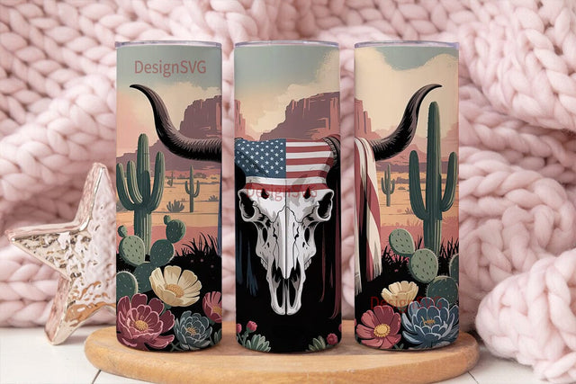 Patriotic Longhorn Skull 20oz Tumbler Sublimation DesignSVG 