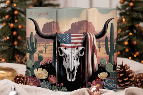 Patriotic Longhorn Skull 20oz Tumbler Sublimation DesignSVG 