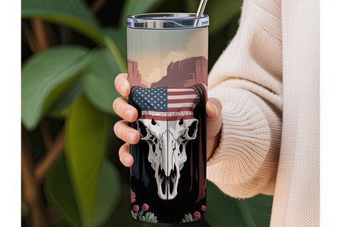 Patriotic Longhorn Skull 20oz Tumbler Sublimation DesignSVG 