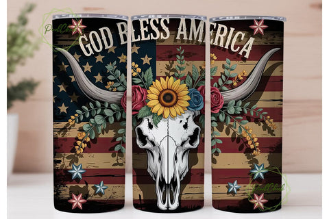 Patriotic Longhorn Skull 20oz Tumbler Sublimation PixelChick 