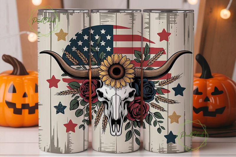 Patriotic Longhorn Skull 20oz Tumbler Sublimation PixelChick 