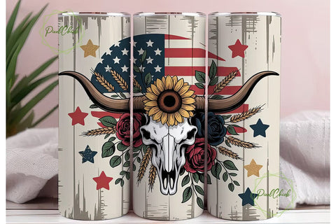 Patriotic Longhorn Skull 20oz Tumbler Sublimation PixelChick 