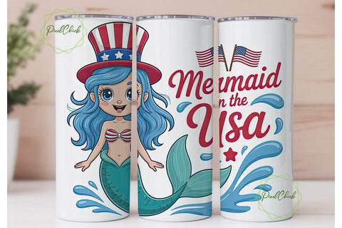 Patriotic Mermaid 20oz Tumbler Wrap Sublimation PixelChick 