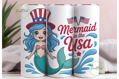 Patriotic Mermaid 20oz Tumbler Wrap Sublimation PixelChick 