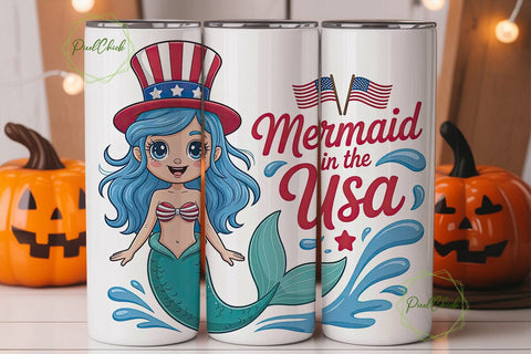 Patriotic Mermaid 20oz Tumbler Wrap Sublimation PixelChick 