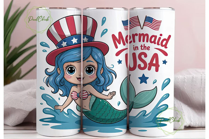 Patriotic Mermaid 20oz Tumbler Wrap Sublimation PixelChick 