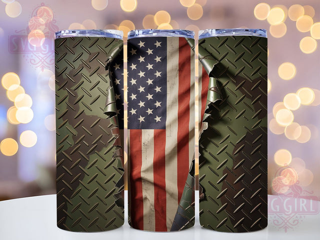 Patriotic Military Metal Flag Tumbler, Military Tumbler, Patriotic Steel Art, American Flag Wrap, Veteran Gift Design, USA Metal Pattern, Armed Forces Gift Sublimation SvggirlplusArt 