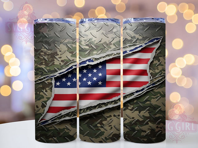 Patriotic Military Metal Flag Tumbler, Military Tumbler, Patriotic Steel Art, American Flag Wrap, Veteran Gift Design, USA Metal Pattern, Armed Forces Gift Sublimation SvggirlplusArt 