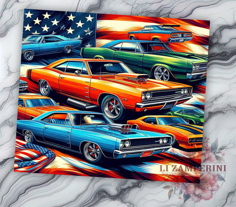 Patriotic Muscle Cars Tumbler Wrap, 20oz Sublimation Design, Muscle Car Digital Download, American Flag Tumbler Wrap, Vintage Car Design, Car Lover Gift, Muscle Car Art Sublimation Li Zamperini 