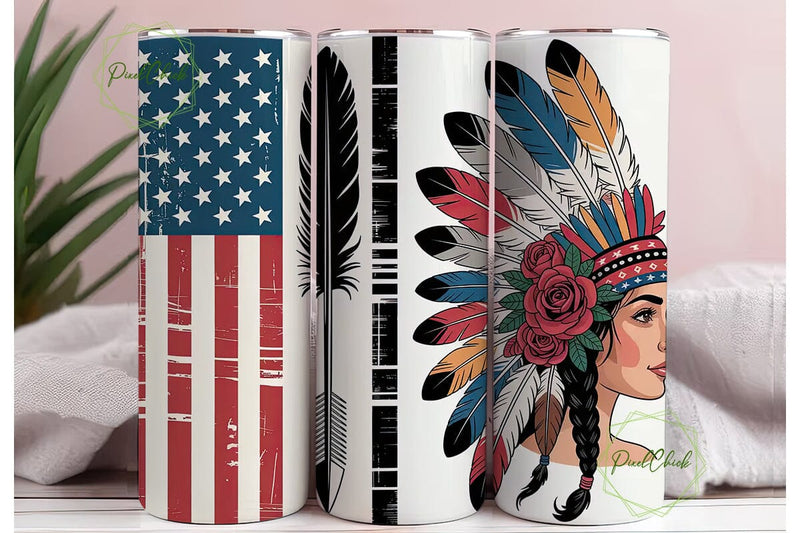 Patriotic Native Woman Tumbler Wrap PNG Sublimation PixelChick 
