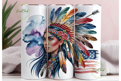 Patriotic Native Woman Tumbler Wrap PNG Sublimation PixelChick 