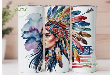 Patriotic Native Woman Tumbler Wrap PNG Sublimation PixelChick 