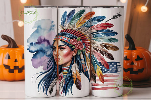 Patriotic Native Woman Tumbler Wrap PNG Sublimation PixelChick 