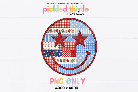 Patriotic Patchwork Smiley Face PNG Sublimation Pickled Thistle Creative 