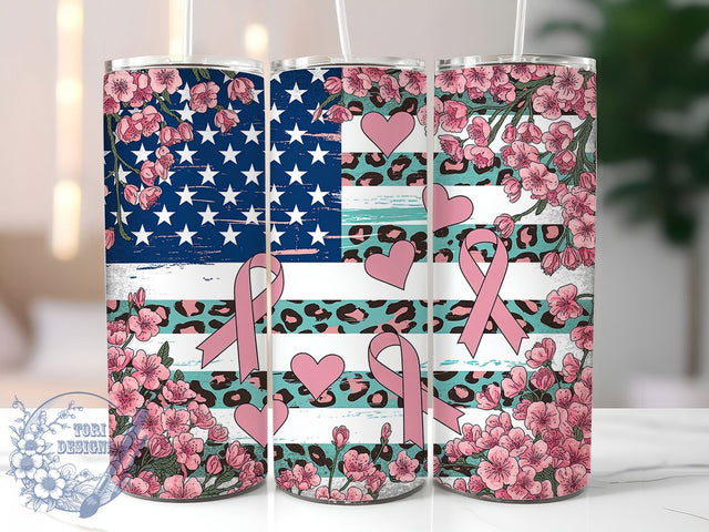 Patriotic Pink Ribbon 20oz Tumbler, Breast Cancer Awareness, Pink Ribbon, Patriotic Tumbler, Sublimation Wrap, 20Oz Tumbler, Support Warrior Sublimation ToriDesigns 