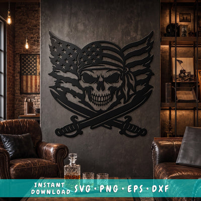 Patriotic Pirate Skull Laser SVG, American Flag Skull DXF, Crossed Swords Metal Art, CNC Plasma Cut File, Veteran Wall Decor SVG HappyDesignStudio 