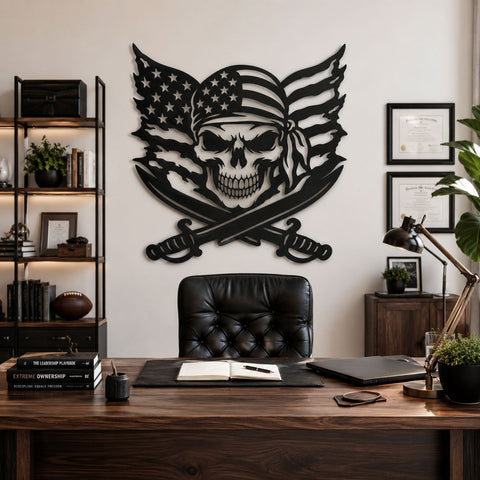 Patriotic Pirate Skull Laser SVG, American Flag Skull DXF, Crossed Swords Metal Art, CNC Plasma Cut File, Veteran Wall Decor SVG HappyDesignStudio 