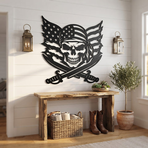 Patriotic Pirate Skull Laser SVG, American Flag Skull DXF, Crossed Swords Metal Art, CNC Plasma Cut File, Veteran Wall Decor SVG HappyDesignStudio 