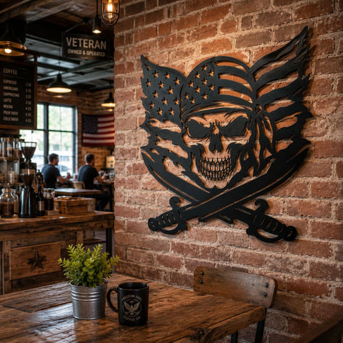 Patriotic Pirate Skull Laser SVG, American Flag Skull DXF, Crossed Swords Metal Art, CNC Plasma Cut File, Veteran Wall Decor SVG HappyDesignStudio 