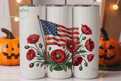 Patriotic Poppies & US Flag 20oz Tumbler Sublimation PixelChick 