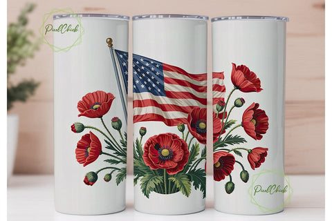 Patriotic Poppies & US Flag 20oz Tumbler Sublimation PixelChick 