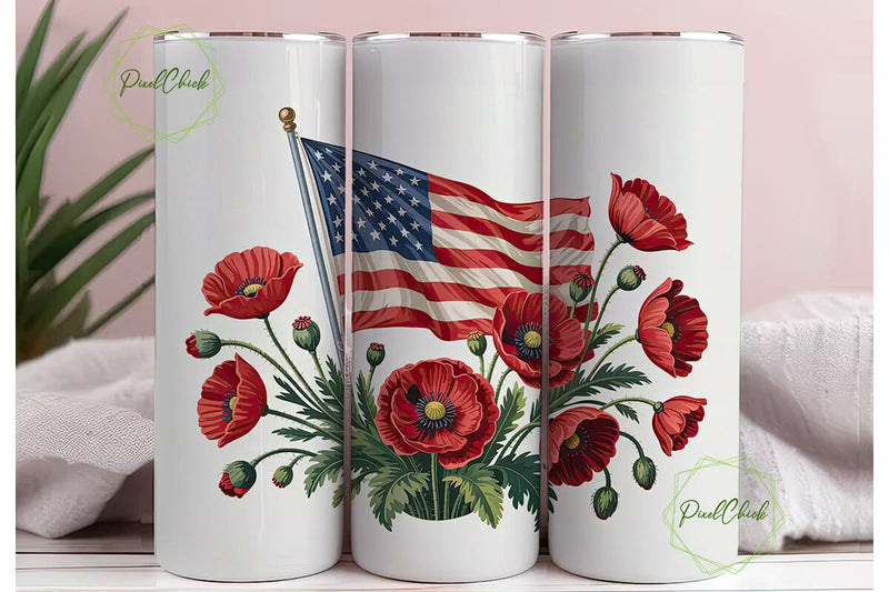 Patriotic Poppies & US Flag 20oz Tumbler Sublimation PixelChick 