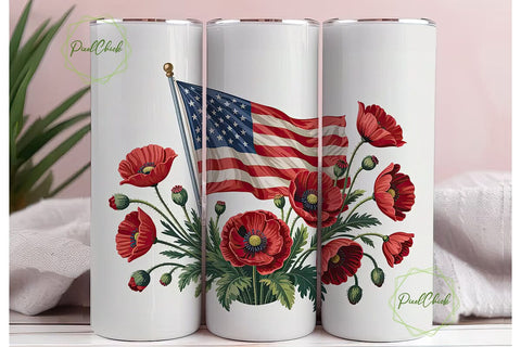 Patriotic Poppies & US Flag 20oz Tumbler Sublimation PixelChick 