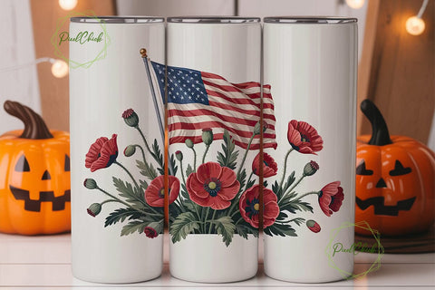 Patriotic Poppies & US Flag 20oz Tumbler Sublimation PixelChick 