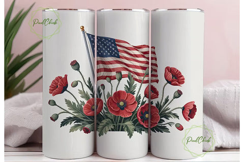 Patriotic Poppies & US Flag 20oz Tumbler Sublimation PixelChick 