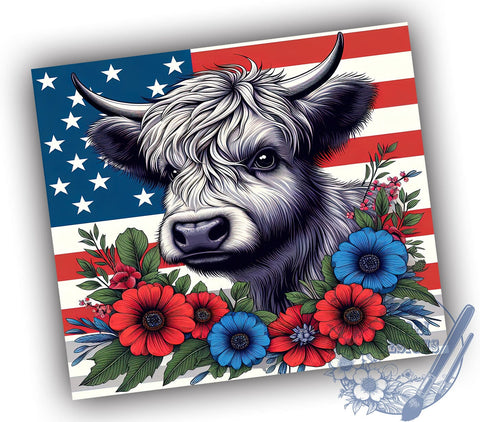 Patriotic Red White and Blue Highland Cow 20oz Skinny Tumbler, 4th of July Tumbler Png, Straight & Tapered Tumbler Wrap, Instant Digital Download Sublimation ToriDesigns 