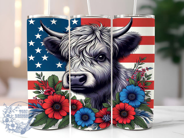 Patriotic Red White and Blue Highland Cow 20oz Skinny Tumbler, 4th of July Tumbler Png, Straight & Tapered Tumbler Wrap, Instant Digital Download Sublimation ToriDesigns 