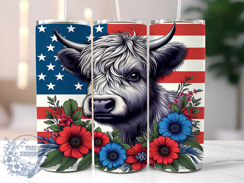 Patriotic Red White and Blue Highland Cow 20oz Skinny Tumbler, 4th of July Tumbler Png, Straight & Tapered Tumbler Wrap, Instant Digital Download Sublimation ToriDesigns 