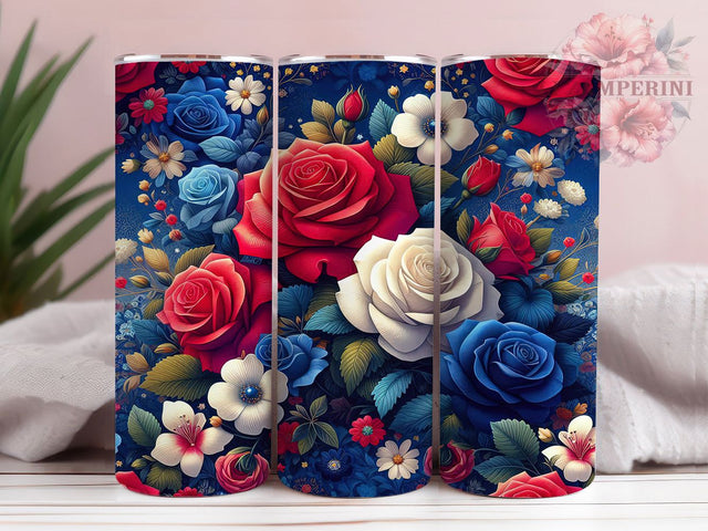 Patriotic Red White Blue Rose Tumbler, 4th of July Flowers, Red White Blue Roses, American Floral Design, USA Patriotic Art, 20oz Tumbler, Sublimation Design Sublimation Li Zamperini 