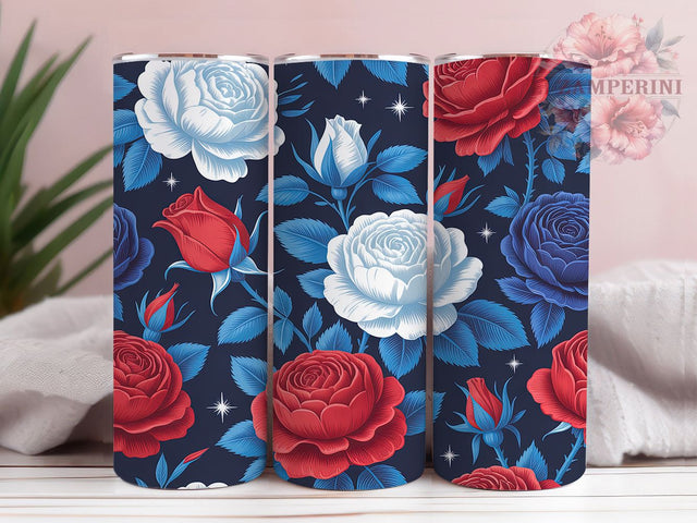 Patriotic Red White Blue Rose Tumbler, 4th of July Flowers, Red White Blue Roses, American Floral Design, USA Patriotic Art, 20oz Tumbler, Sublimation Design Sublimation Li Zamperini 