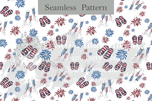 Patriotic Seamless Design | Red white and blue | Flip flop and fireworks | sublimation design | scrapbooking print design 12 x 12 300 dpi Sublimation Willow Paige Farms 