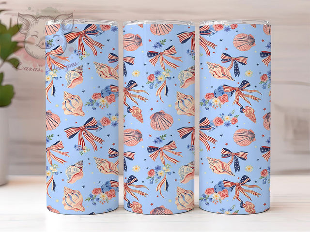 Patriotic Seashell Bows 20oz Tumbler, Seashell Design, Patriotic Bows, Coastal Theme, Sublimation Wrap, 20oz Tumbler, American Style, Beach Aesthetic Sublimation Lara' s Designs 