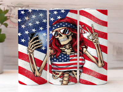 Patriotic Skeleton Art 20oz Tumbler, Stylized Skeleton, Red Hair, Patriotic Bandana, Red Sunglasses, American Flag, Skinny Tumbler, Sublimation PNG Sublimation Lara' s Designs 