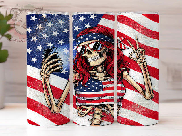 Patriotic Skeleton Art 20oz Tumbler, Stylized Skeleton, Red Hair, Patriotic Bandana, Red Sunglasses, American Flag, Skinny Tumbler, Sublimation PNG Sublimation Lara' s Designs 