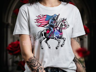Patriotic Skeleton Horse T-Shirt PNG, Skeleton Horse, Patriotic Style, Red White Blue, Bold Design, Sublimation PNG, Statement Shirt, Holiday Vibes Sublimation SvggirlplusArt 