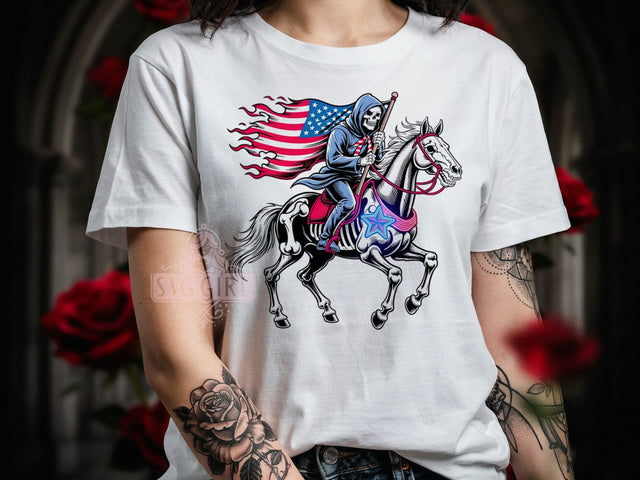Patriotic Skeleton Horse T-Shirt PNG, Skeleton Horse, Patriotic Style, Red White Blue, Bold Design, Sublimation PNG, Statement Shirt, Holiday Vibes Sublimation SvggirlplusArt 